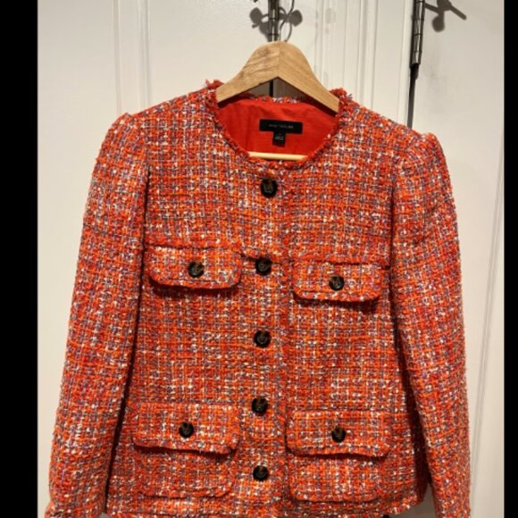 Ann Taylor - Cropped Crew Neck Jacket in Tweed (Orange Multicolor) - Picture 2 of 7